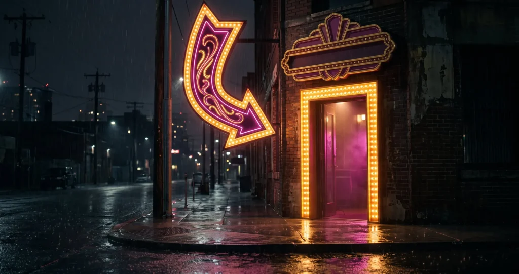 DaVegas yeni adresi için ışıklı kapıyı gösteren neon ok tabelası